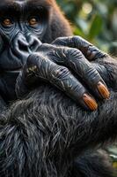 A close-up of a gorilla's hand resting on its arm, showcasing its textured fur and nails. photo