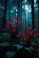 A mystical forest scene featuring glowing red plants amidst tall trees and mist. photo