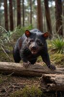 A Tasmanian devil climbing over a log in a forest setting. photo