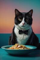 A tuxedo cat sits at a table, staring at a plate of pasta, creating a whimsical dining scene. photo