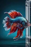 A vibrant betta fish with flowing fins swimming near a glass container. photo
