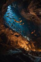A cave illuminated by light, filled with bats flying in various directions. photo