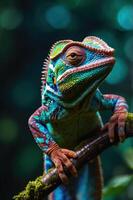 A vibrant lizard perched on a branch, showcasing its colorful scales in a lush environment. photo