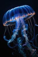 A vibrant jellyfish illuminated against a dark background, showcasing its graceful form. photo