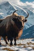A yak stands majestically in a snowy landscape with mountains in the background. photo