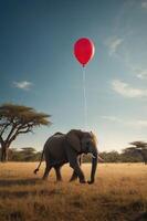 An elephant walks in a savanna, playfully holding a red balloon against a blue sky. photo