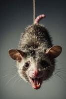 A close-up of a hanging opossum with an expressive mouth, showcasing its features dramatically. photo