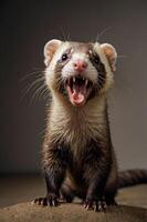 A close-up of a ferret with its mouth open, showcasing its playful and curious nature. photo
