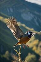 A bird in mid-flight against a blurred mountainous background. photo