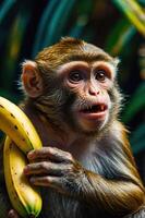 A monkey holding bananas, displaying curiosity in a lush environment. photo
