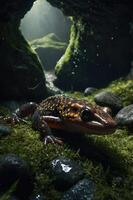 A close-up of a vibrant amphibian in a mossy, rocky environment with soft lighting. photo
