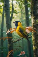 A vibrant yellow bird perched on a branch in a lush forest setting. photo