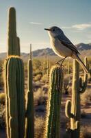 A bird perched on a cactus in a desert landscape during golden hour. photo