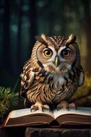 An owl perched on an open book in a forest setting, evoking a sense of wisdom and nature. photo