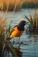 A vibrant bird wades through shallow water surrounded by tall grass in a natural setting. photo