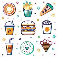 fast food icons set, including pizza, donut, ice cream, and more vector
