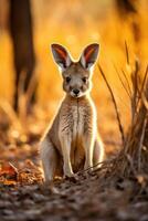 Curious kangaroo in autumn forest photo