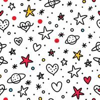 a seamless pattern with hearts, stars and planets vector