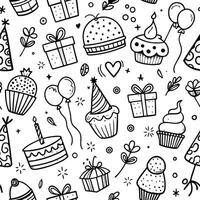seamless birthday party pattern with cupcakes, balloons and other items vector