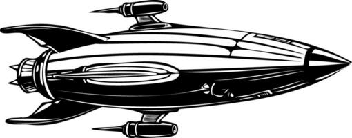 Retro Futuristic Rocket Ship Sketch Illustration in Black and White vector