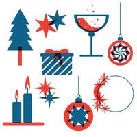 Set of Christmas, New Year icons. illustration in a minimalist style with Riso print effect. Graphic element for design, print, sticker, party decoration, logo, emblem, magazine prints or journal art vector