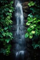 Serene waterfall surrounded by lush green foliage photo