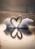 Swans forming a heart shape on a tranquil lake photo