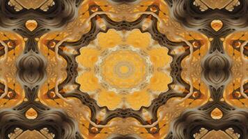 A symmetrical kaleidoscopic design featuring abstract orange shapes and forms. video