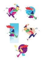 Illustration of a girl and a guy with shopping. A cute red-haired girl is running with packages. Character of a young guy with goods. Image is isolated on white background. vector