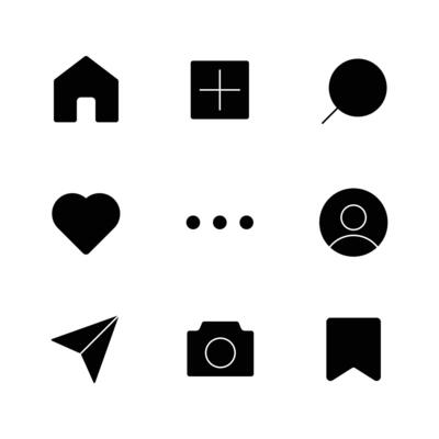 Set of 9 essential UI icons home, add, search, heart, menu, user, send, camera, bookmark.