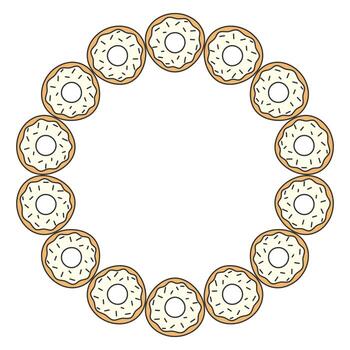 circle of donuts with white icing and sprinkles, arranged symmetrically on a white background. vector