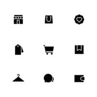 Set of 9 shopping icons. Store, bag, badge, tag, cart, box, hanger, chat, wallet for e-commerce. vector