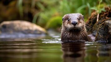 Curious otter swimming in forest stream photo