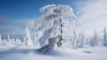 Snowy Winter Landscape with Frozen Tree photo