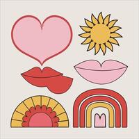 A set of different shapes and colors with a sun, heart, and lips vector