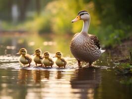 Ducklings Following Mother Duck in Pond photo