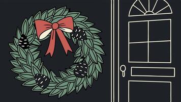 A christmas wreath with lights and pine cones on a black background. vector