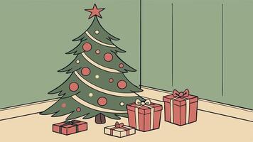 A christmas tree with presents under it in front of a green wall. vector