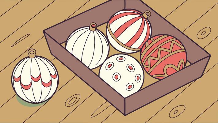 A box with several christmas balls inside