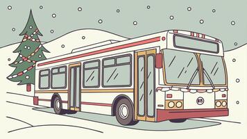 Decorated city bus in the snow with a christmas tree in the background vector