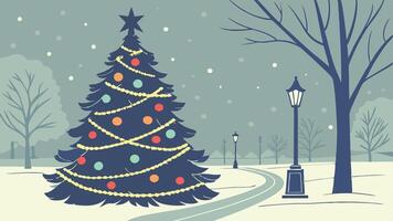 Decorated Christmas tree with blurred snowy night background. vector