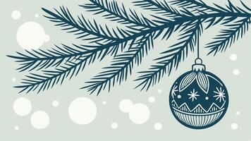 Christmas tree branch with blue bauble and bokeh lights background. vector