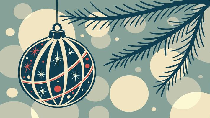 A christmas ball hanging from a branch with a tree