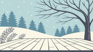 Christmas empty wooden table top for product display with winter wonderland background vector