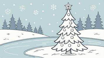 A white christmas tree in the middle of a frozen lake. vector