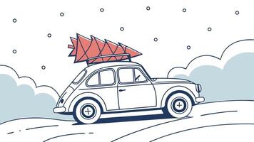 Miniature car with christmas tree on the roof. christmas snow background. vector
