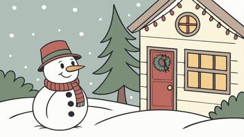 A snowman in a red hat and scarf standing in the snow in front of a house with a christmas tree vector