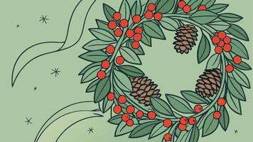 A christmas wreath with red berries and pine cones on a green background. vector