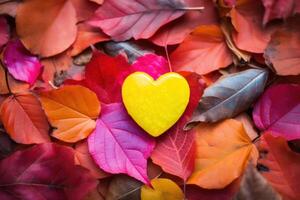 Colorful autumn leaves with a heart shaped object photo