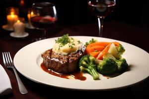 Delicious steak dinner with vegetables and red wine photo